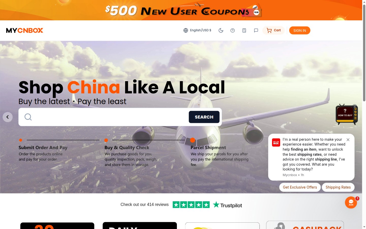 Page d’accueil officielle MyCNBox : recherche, bannière coupon et connexion